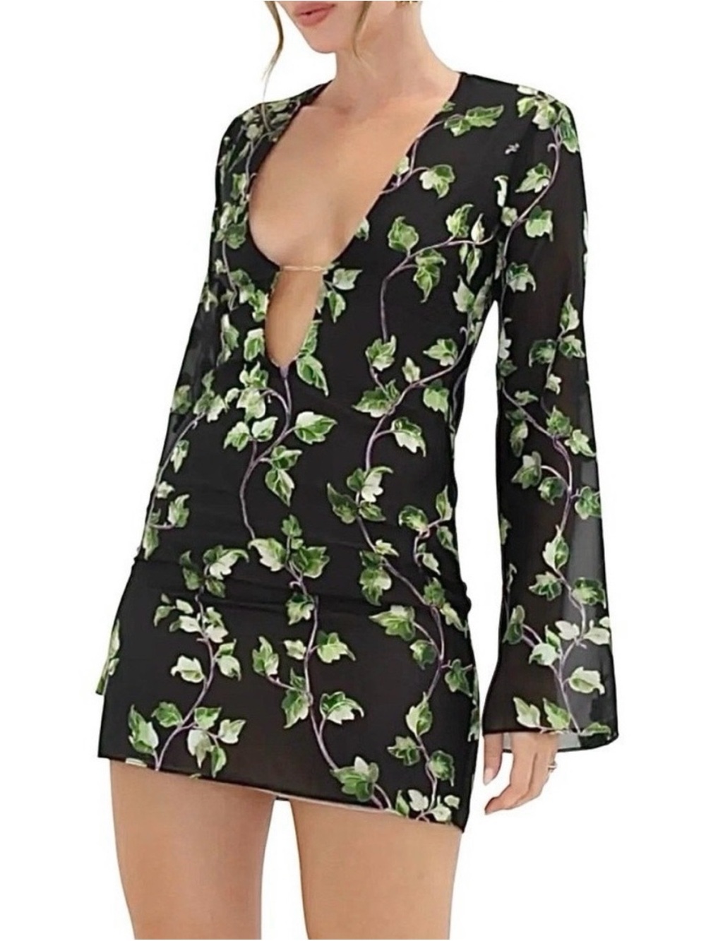 Rumored Black Long Sleeve Mini Dress with Green Leaf Print